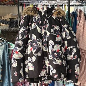 Floral Black Puffer Jacket with Faux Fur Hood